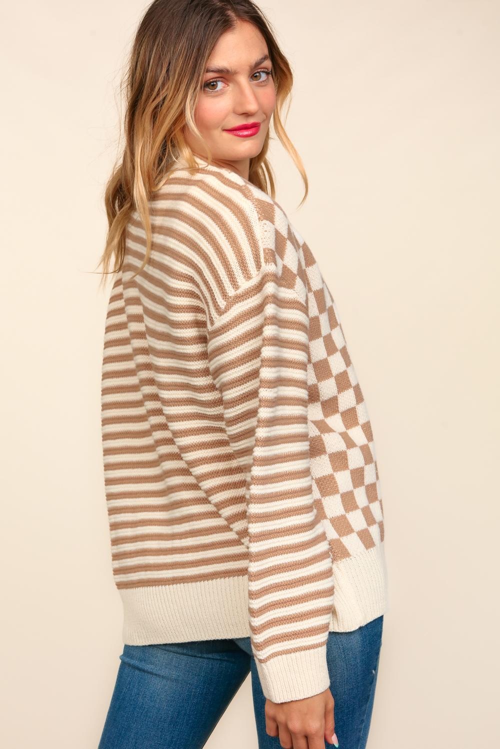 Button Down Checker Stripe Cardigan