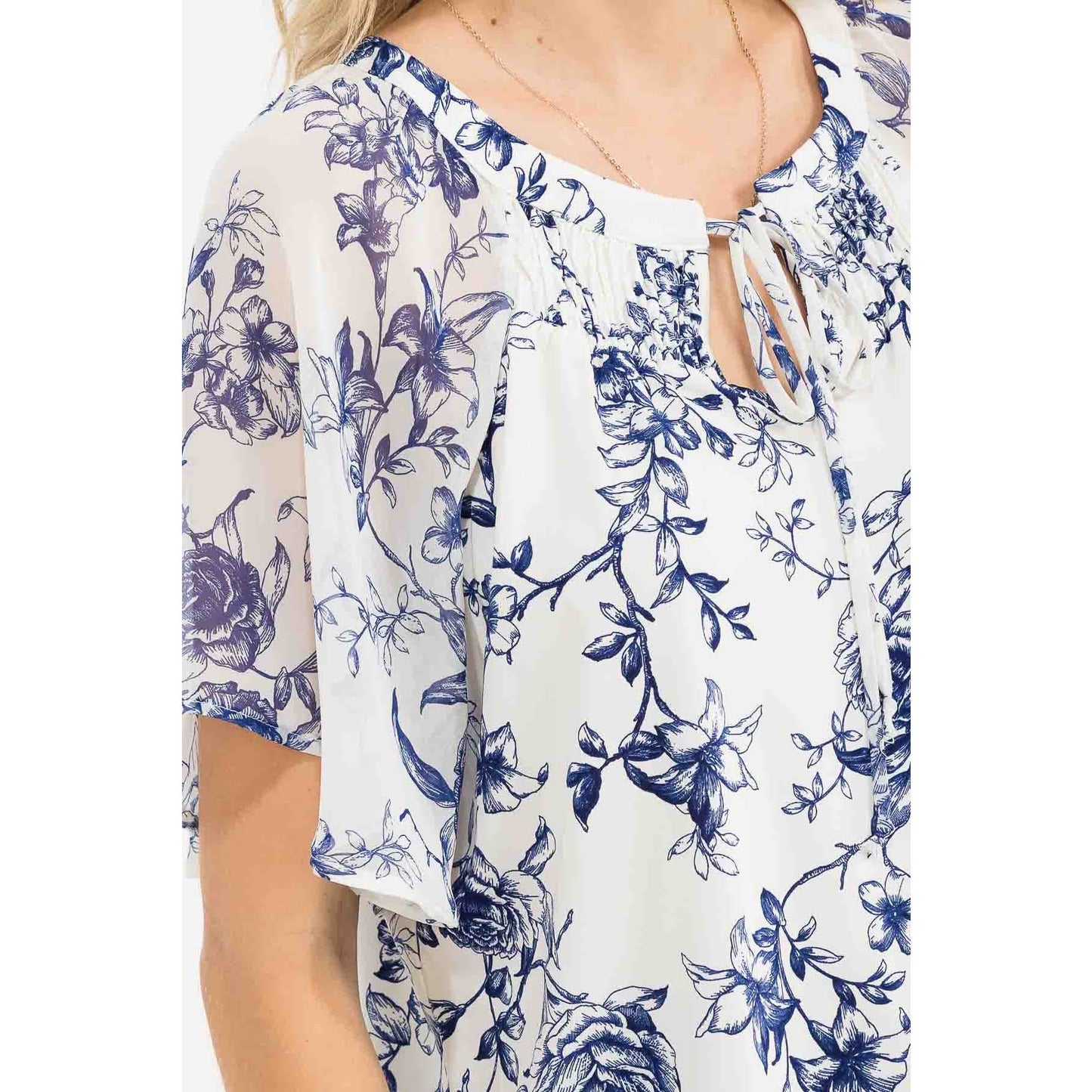 Navy Floral Mixed Media Floral Peasant Top