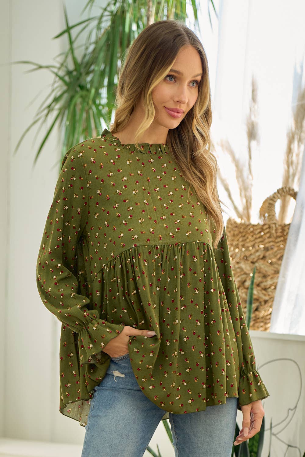 Rust Floral Mock Neck Blouse