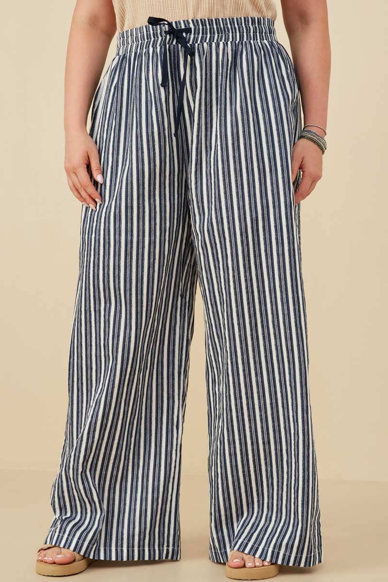 Navy Textured Stripe Drawstring Wide Leg Pants