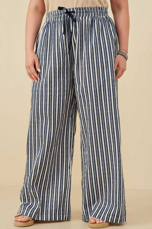 Navy Textured Stripe Drawstring Wide Leg Pants