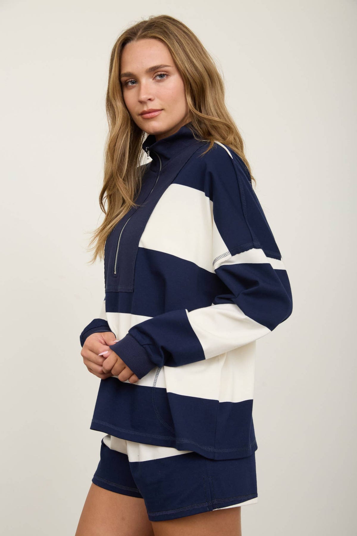 Navy Wide Stripe Half Zip Top