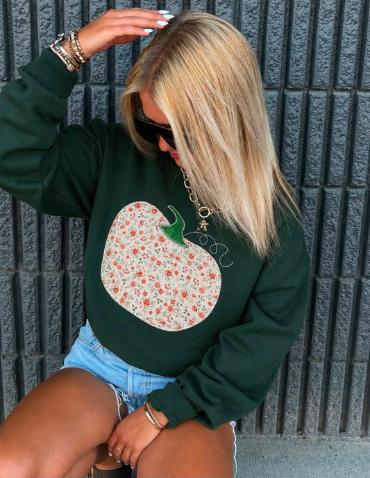 Floral Embroidered Pumpkin Applique Crew