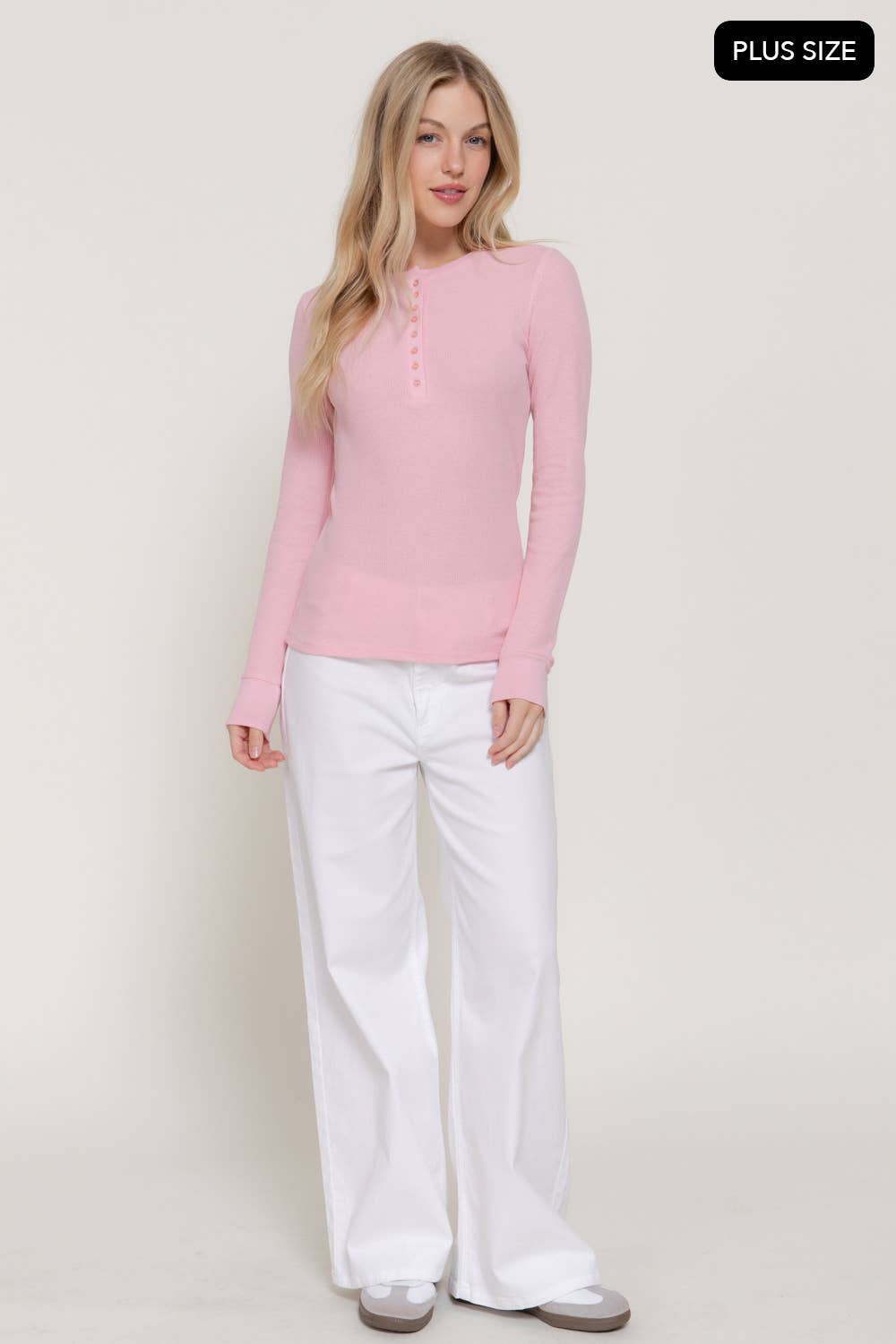 [PLUS SIZE] Long Sleeve Henley Thermal Knit Top
