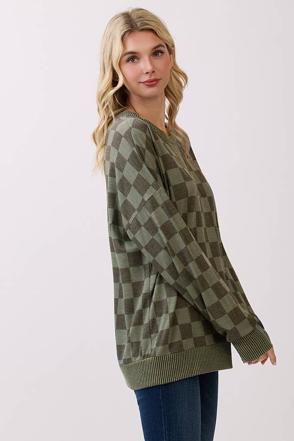 Olive Checkered Print Pullover Top