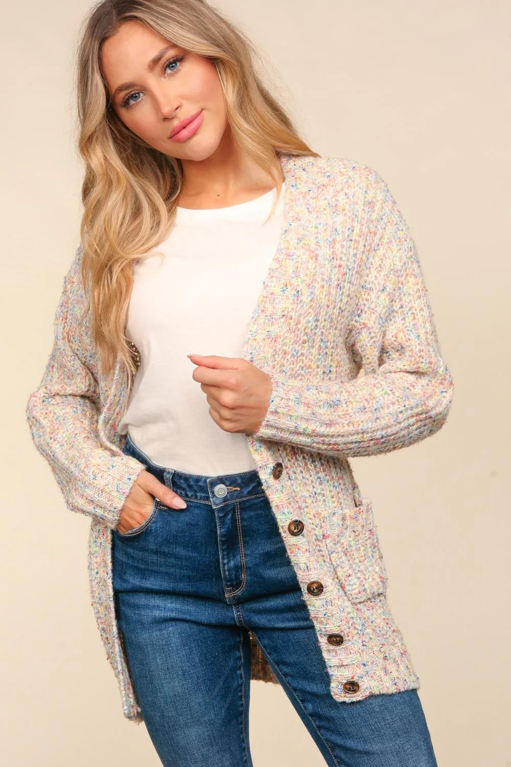 Multi Color Button Down Cardigan with Pockets (PLUS only)