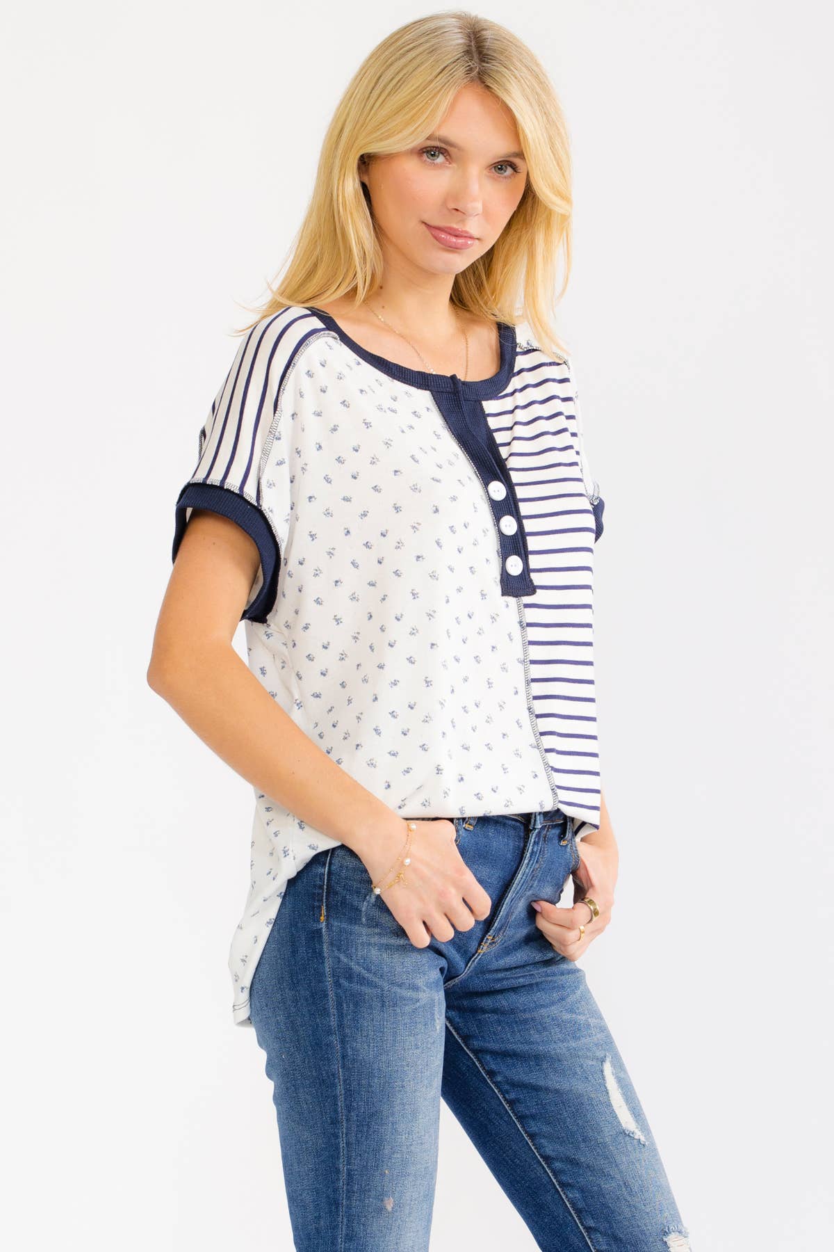 Mixed Print Contrast Henley Top