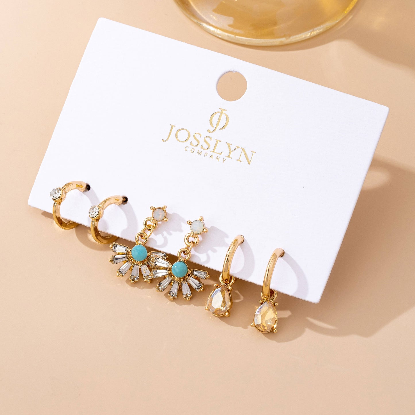 Turquoise Rhinestone Charm Hoop Trio Earring Set