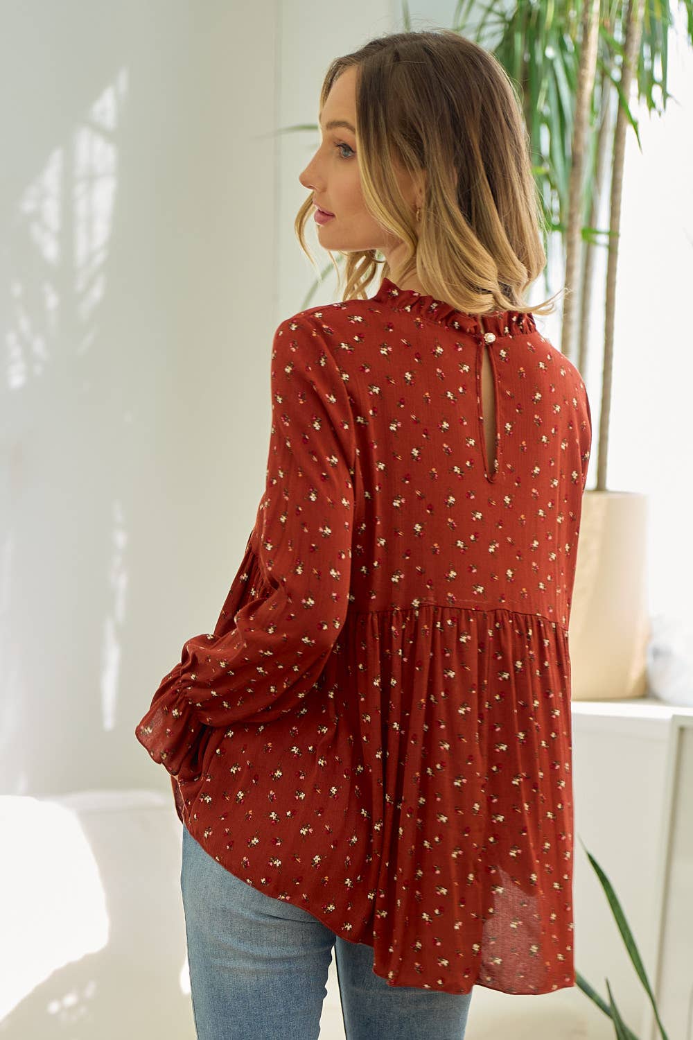 Rust Floral Mock Neck Blouse