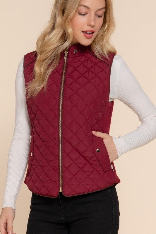 Suede Piping Quilted Vest--Dark Wine (PLUS)