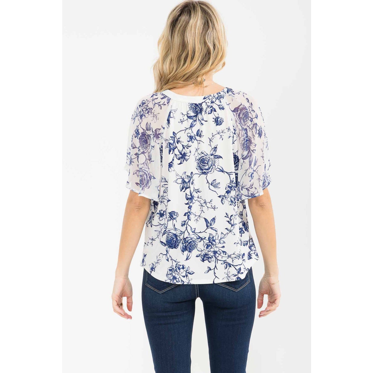 Navy Floral Mixed Media Floral Peasant Top