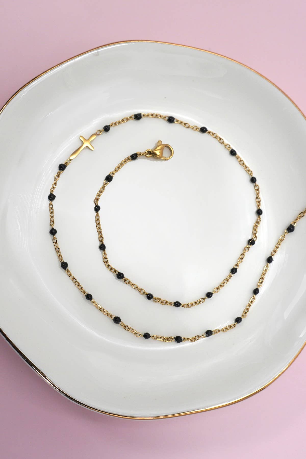Black Beaded Cross Necklace