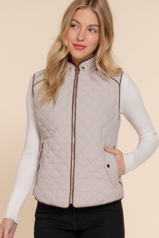 Suede Piping Quilted Vest--Taupe