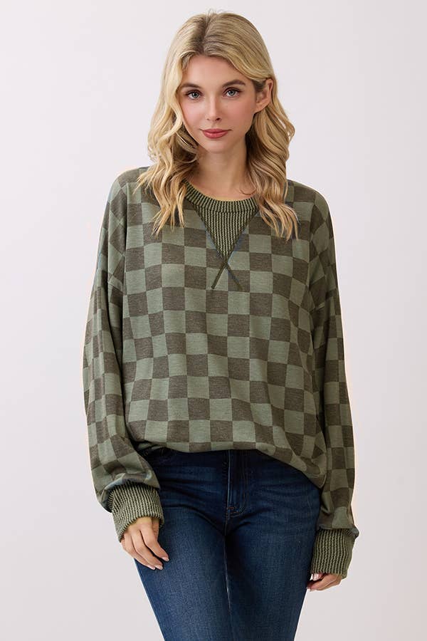 Olive Checkered Print Pullover Top
