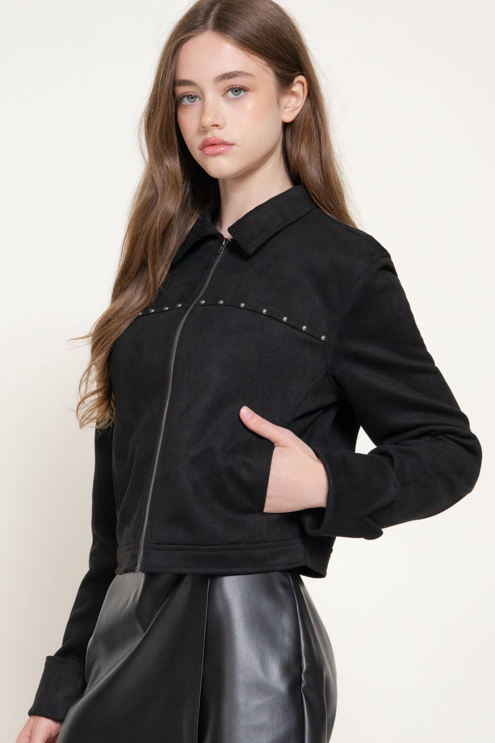 Long Sleeve Faux Suede Jacket with Stud Detail