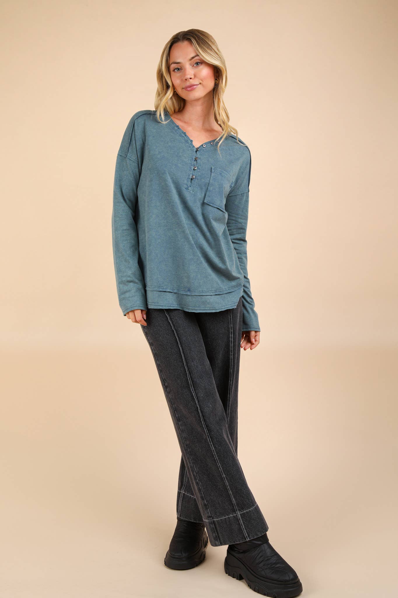Mineral Washed Cotton Comfy Knit Top, Mauve