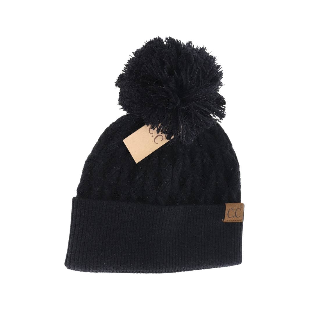 Metallic Rose Lurex Cable Knit Pom C.C Beanie