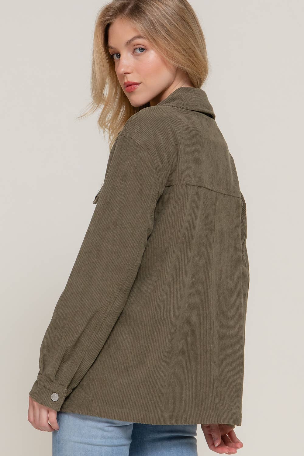 Olive Front Pocket Button Down Corduroy Jacket