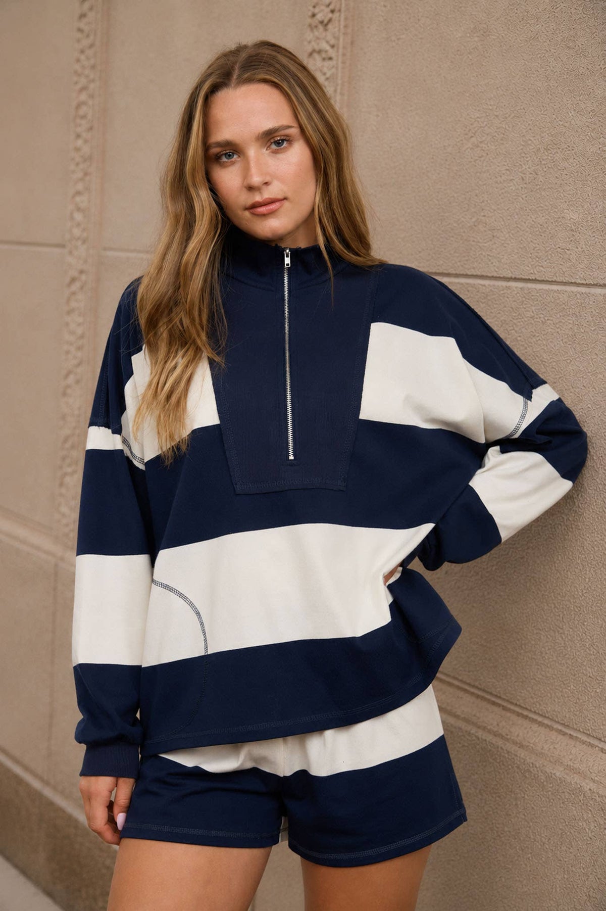Navy Wide Stripe Half Zip Top