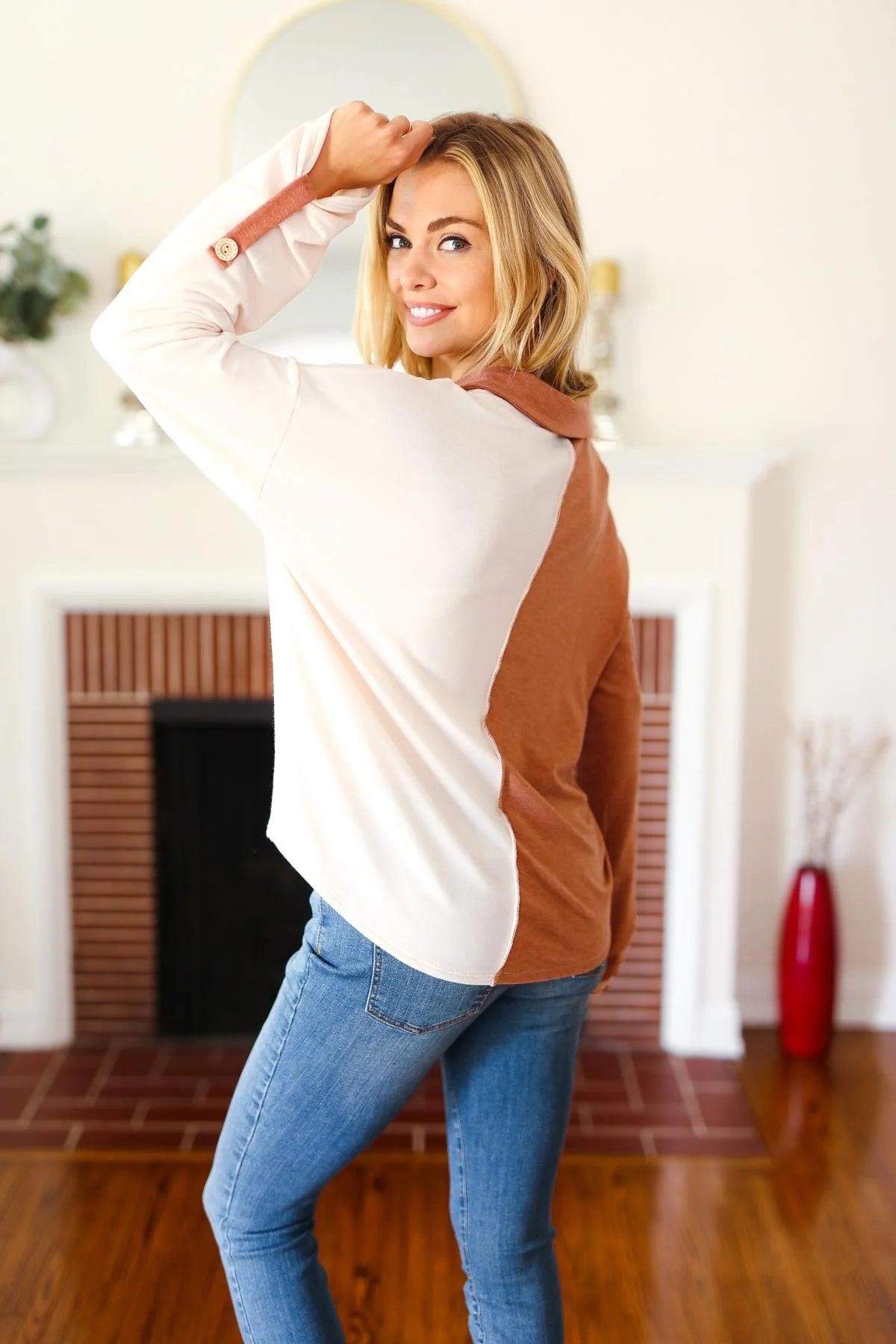 Rust Collared Color Block Oversized Knit Top