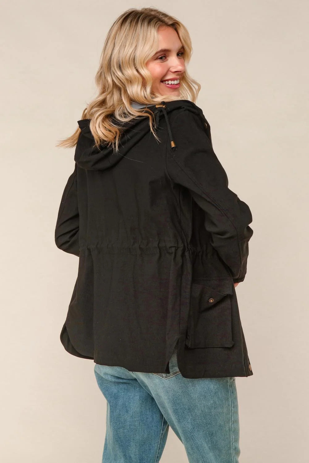 Hooded Zipper Up Jacket With Waist Adjustment