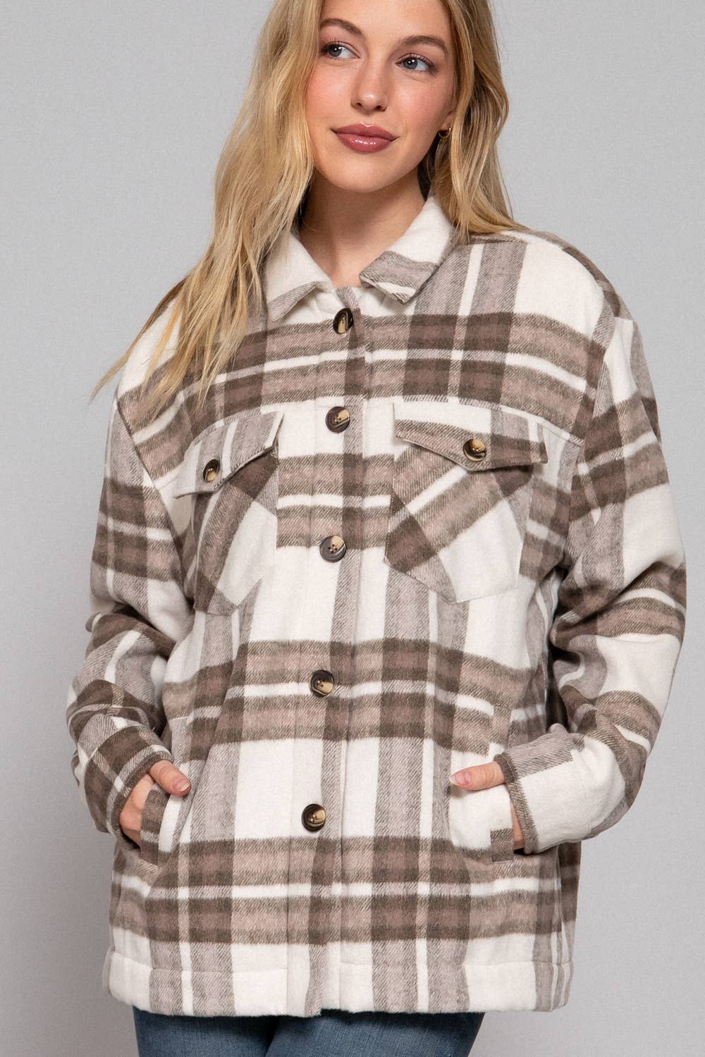 Taupe Inside Faux Fur Brushed Plaid Jacket