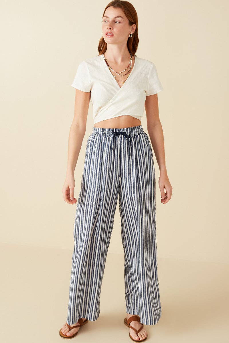 Navy Textured Stripe Drawstring Wide Leg Pants