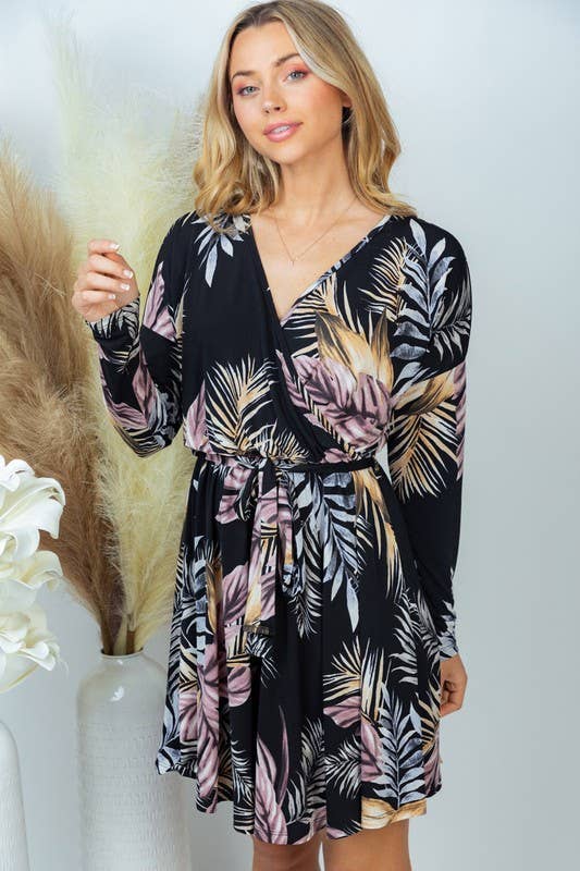 Long Sleeve Floral Print Knit Dress, Black