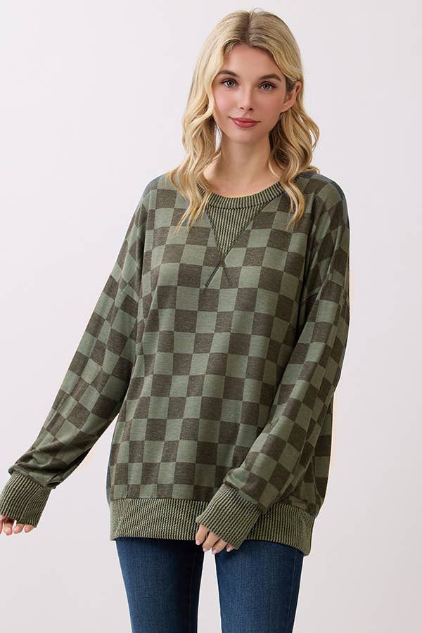 Olive Checkered Print Pullover Top