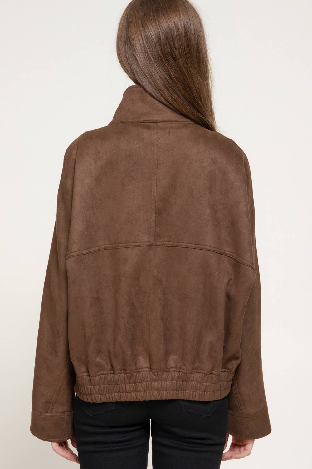 High Neck with Tab Front Patch Pocket Faux Suede Jacket