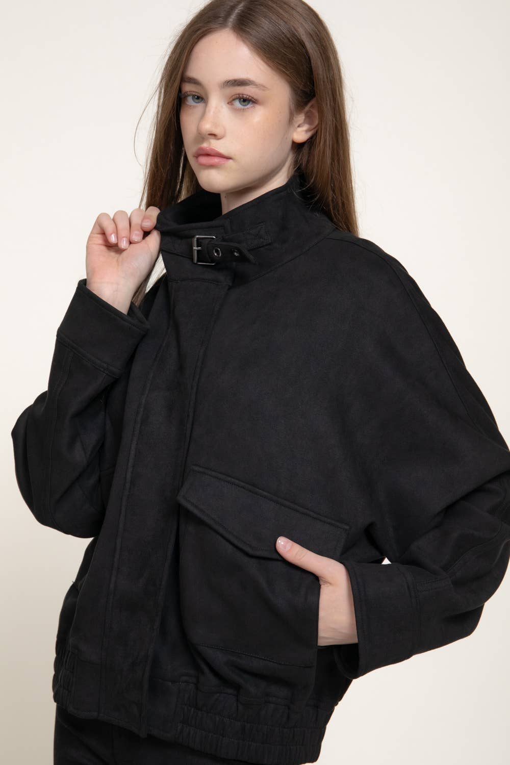 High Neck with Tab Front Patch Pocket Faux Suede Jacket