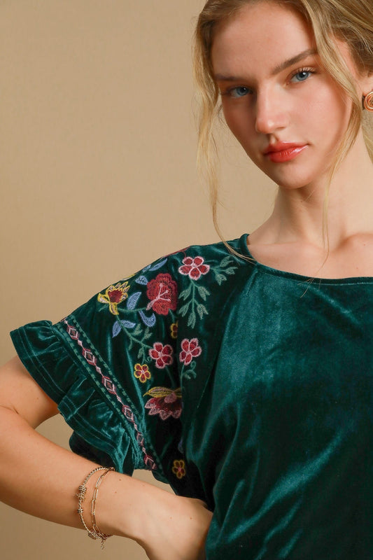 Hunter Green Velvet Sleeve Embroidered Top