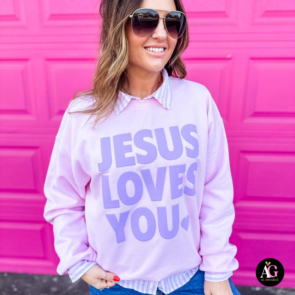 Jesus Loves You Puff Ink Pink Crew