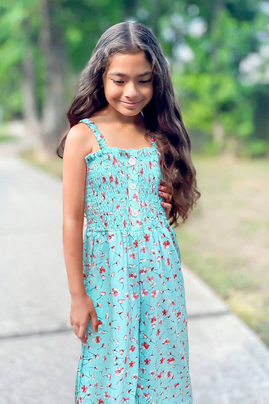 Turquoise Smocked Girl's Romper w/ Pockets