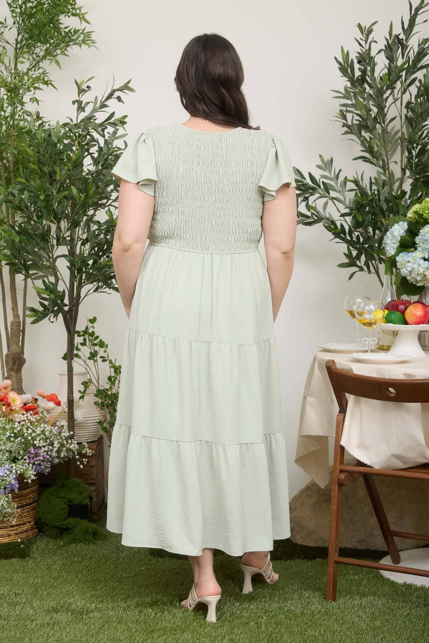 Plus Flutter Sleeve V Neck Smocked Midi Dress