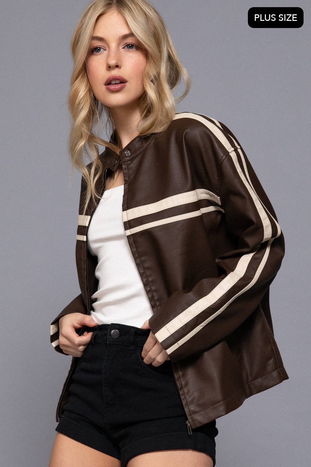 Line Detail Washed Effect Faux Leather Jacket (PLUS)