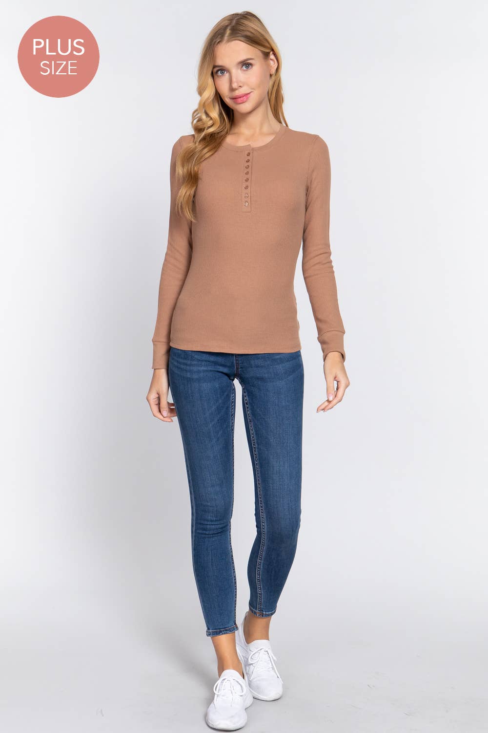 [PLUS SIZE] Long Sleeve Henley Thermal Knit Top