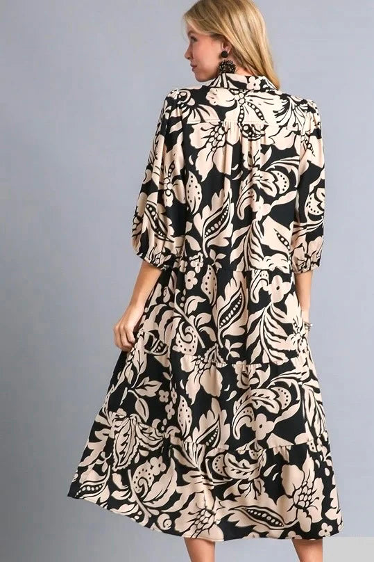 Black Mix Floral Tiered Midi Dress