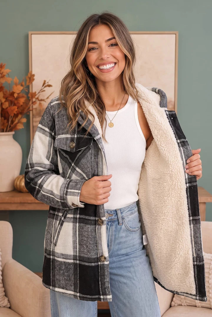 Black and White Plaid Sherpa Lined Hooded Shacket