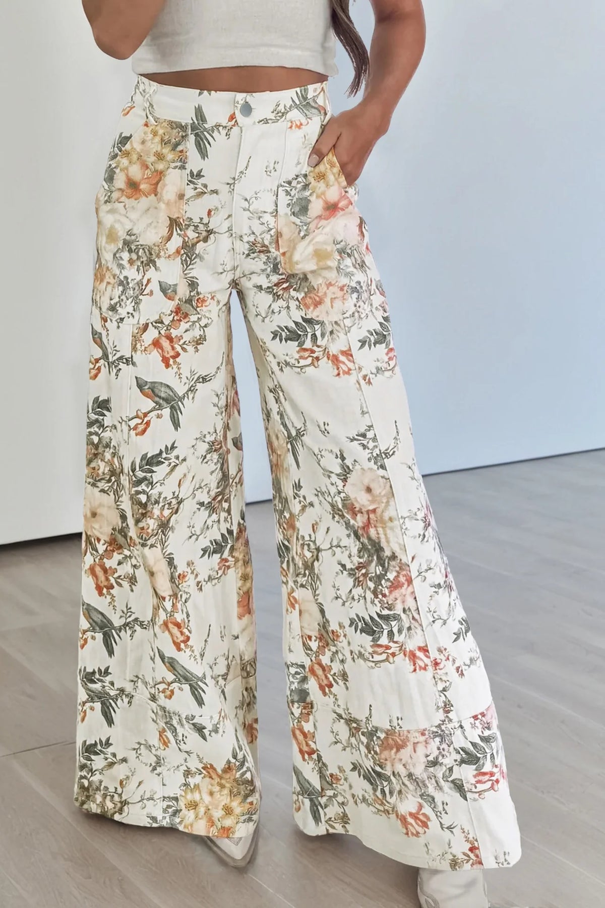 Beige Vintage Floral Jeans