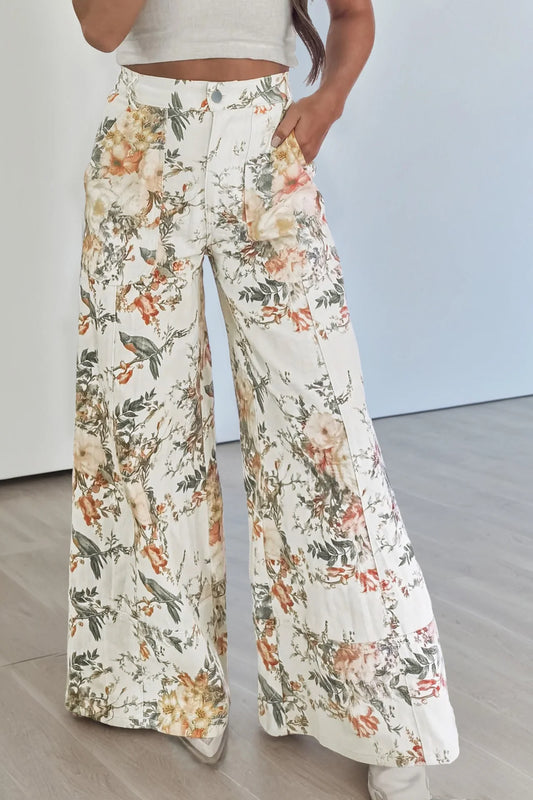 Beige Vintage Floral Jeans