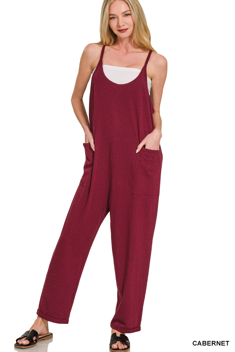 Spaghetti Strap Pocketed Jumpsuit--Cabernet