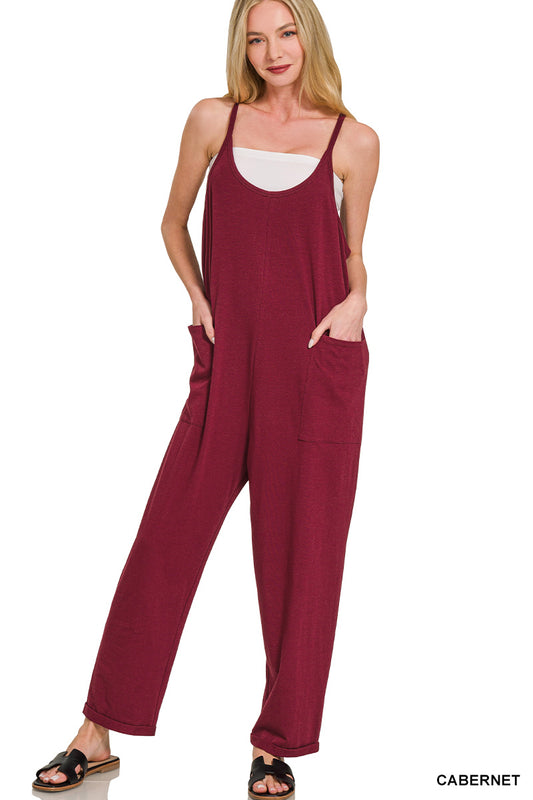 Spaghetti Strap Pocketed Jumpsuit--Cabernet