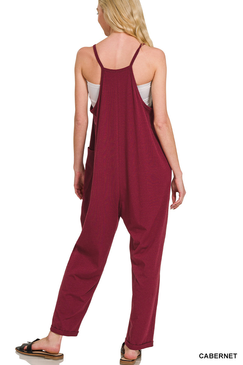 Spaghetti Strap Pocketed Jumpsuit--Cabernet