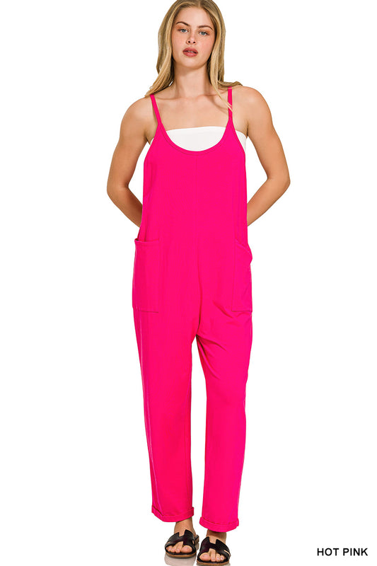 Spaghetti Strap Pocketed Jumpsuit--Hot Pink