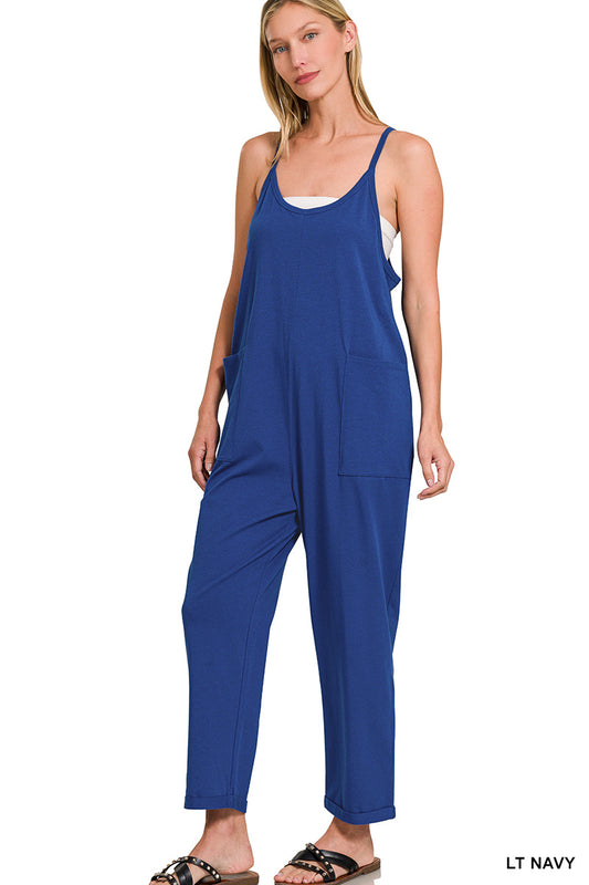 Spaghetti Strap Pocketed Jumpsuit--Navy