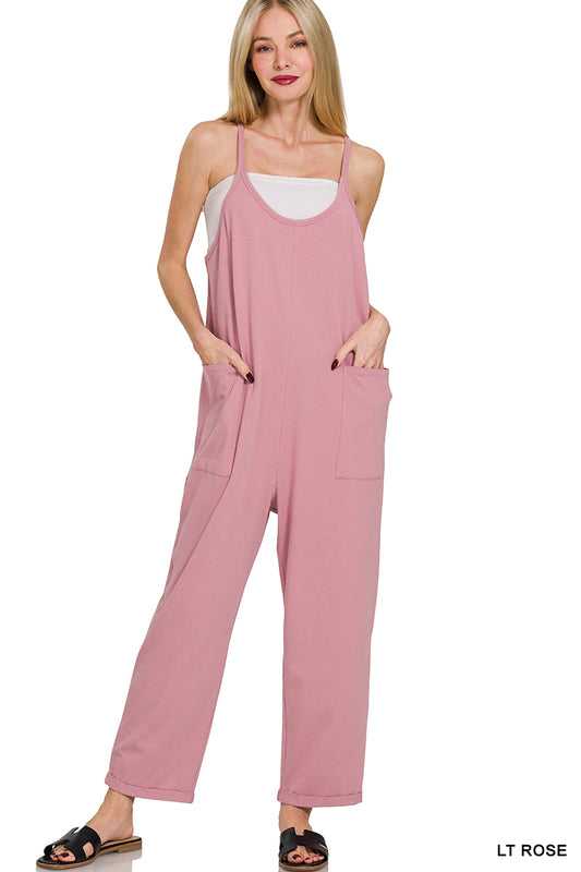 Spaghetti Strap Pocketed Jumpsuit--Light Rose