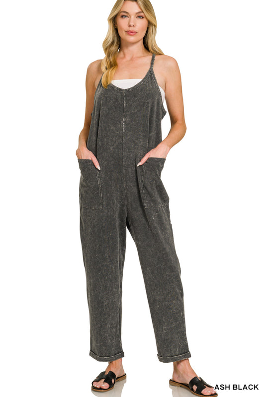 Ash Black Washed Overalls with Pockets