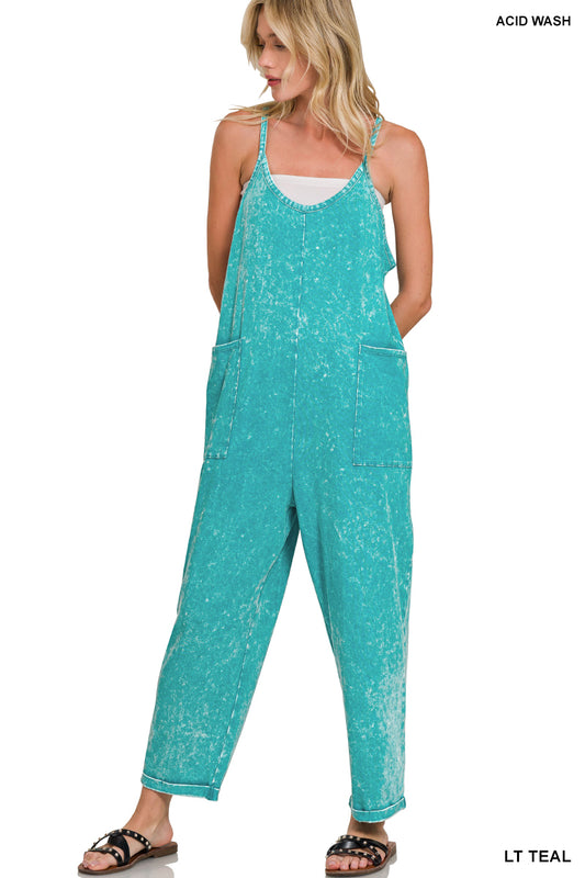 Light Teal Washed Overalls with Pockets