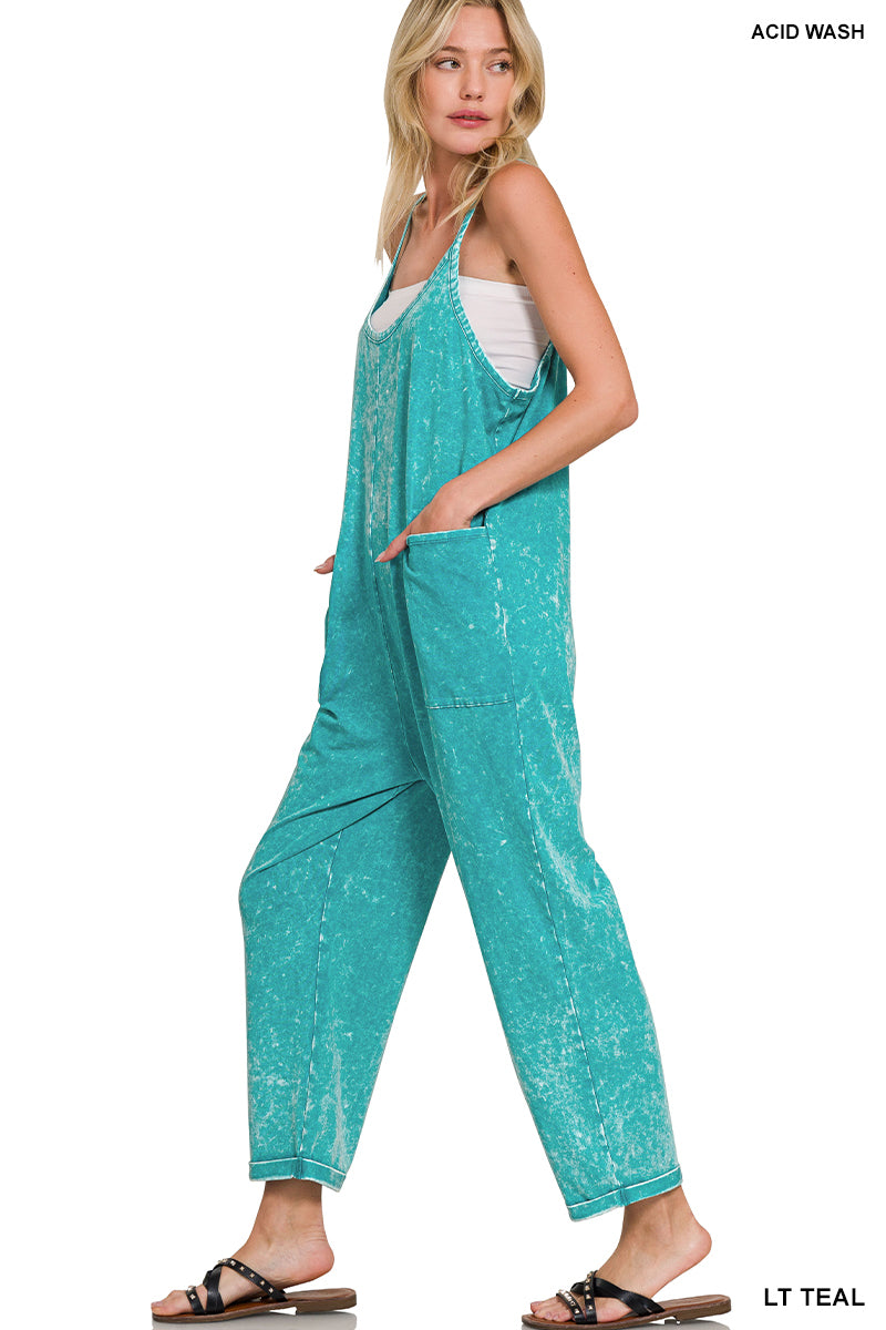 Light Teal Washed Overalls with Pockets